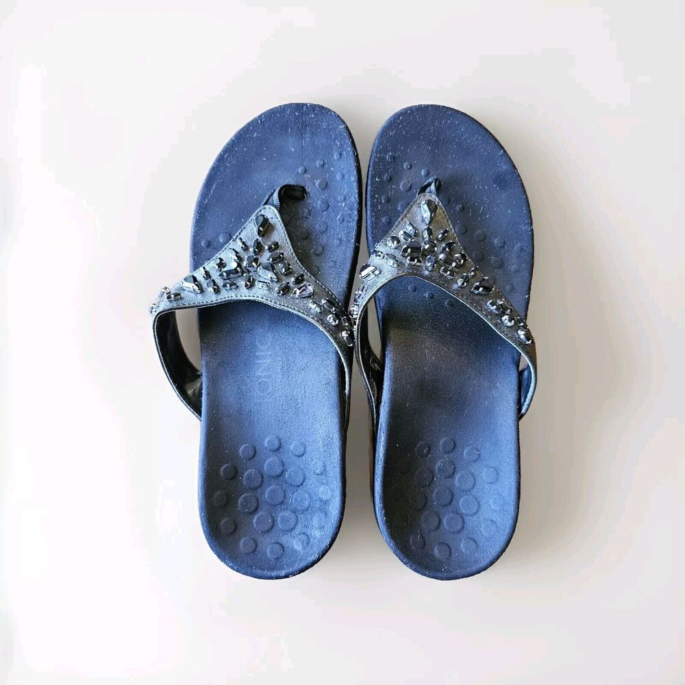 Women's Vionic Pearl Black Jeweled Rhinestone Flip Flop Thong Sandals Sz 7